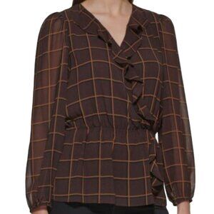 NWT! Calvin Klein Brown Printed Faux Wrap Blouse Sz S Business Cinched Office